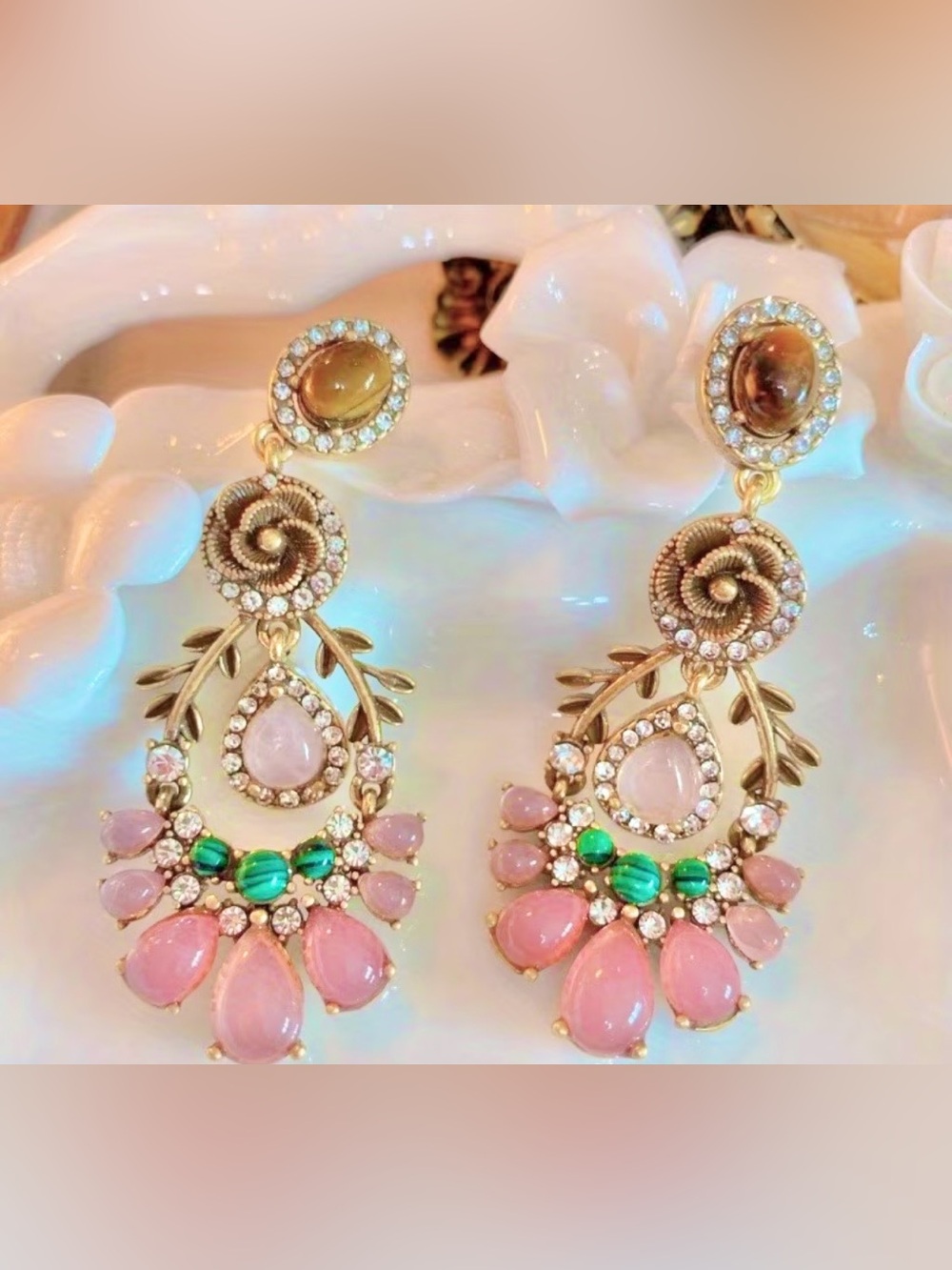 NWT Beautiful Pink & Green Teardrop Dangle Earrings